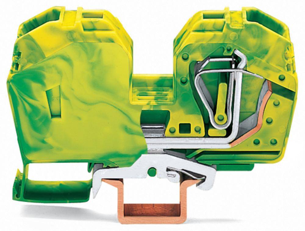 Ein gelb-grüner elektrischer Klemmblock mit metallischen Kontakten und Federmechanismen, dient zur sicheren Verbindung elektrischer Leiter.