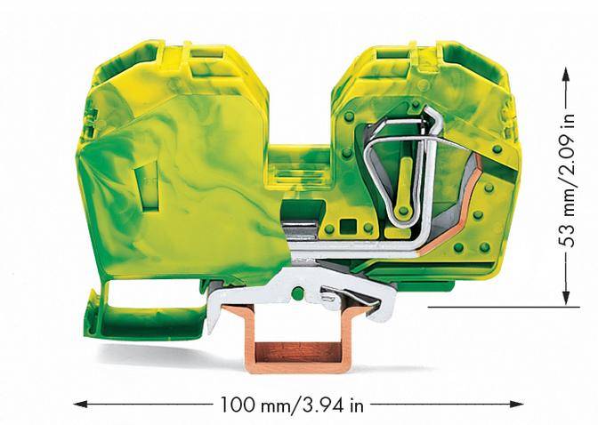 Abbildung eines gelb-grünen Klemmenblocks mit einer Breite von 100 mm und einer Höhe von 53 mm, ideal für elektrische Verbindungen.