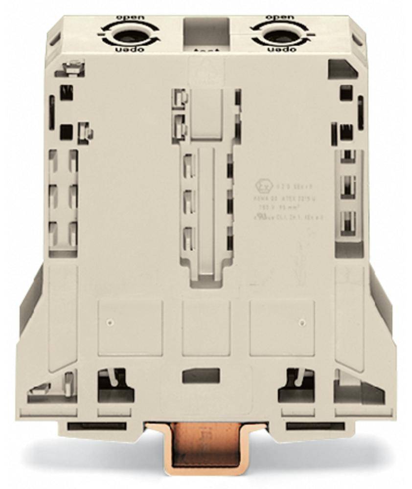 Elektrischer Steckverbinder in neutraler Farbe, mit zwei Schlitzen und Kupferkontakt unten, beschriftet mit 'open'.