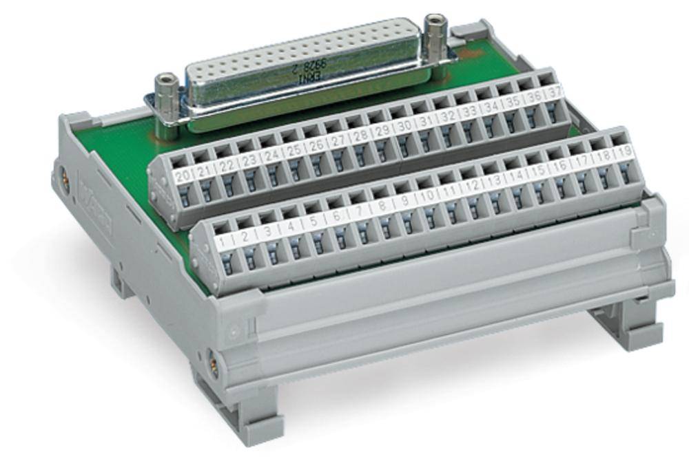 Elektronisches Anschlussmodul mit grauem Gehäuse und nummerierten Klemmen, geeignet für komplexe Schaltungsanwendungen.