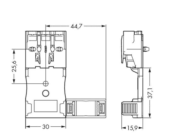 Technische Zeichnung eines elektrischen Bauteils mit Maßangaben: Breite 44,7mm, Höhe 25,6mm, Tiefe 15,9mm. Seitenansicht inkludiert.