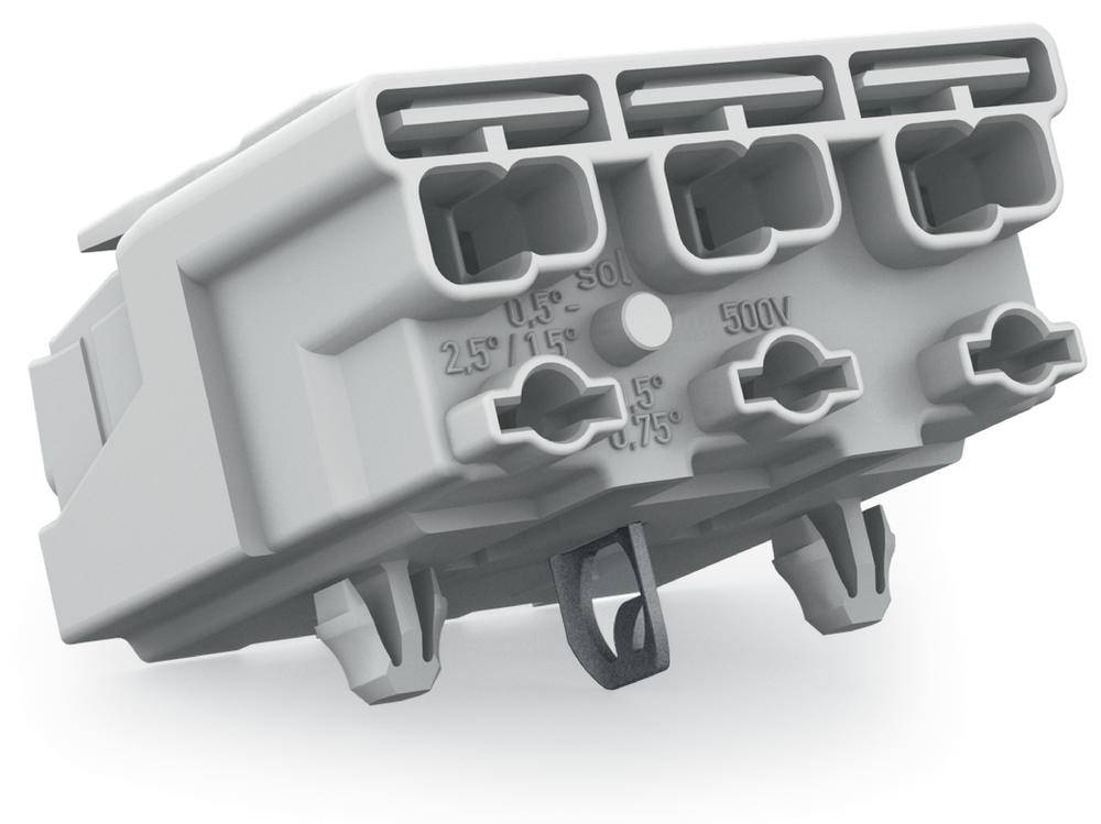 Grauer elektrischer Stecker mit mehreren Anschlüssen und Aufschrift '500V'.