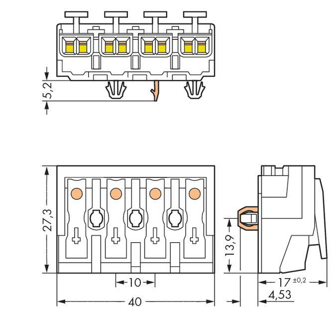 Technische Zeichnung eines Steckverbinders mit vier Anschlusspunkten. Maße sind 40 mm Länge, 27,3 mm Höhe und 13,9 mm Breite.