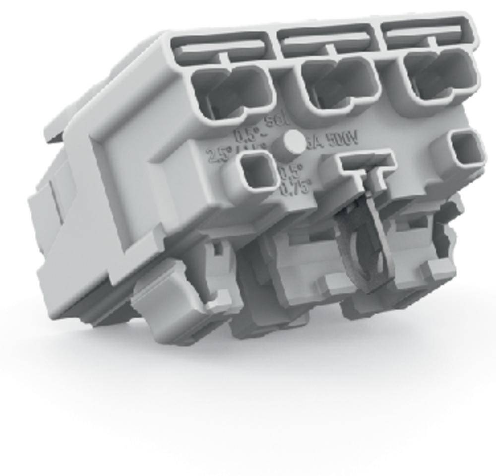 Ein grauer Steckverbinder mit mehreren Anschlussöffnungen, geeignet für elektrische Verbindungen in technischen Anwendungen.