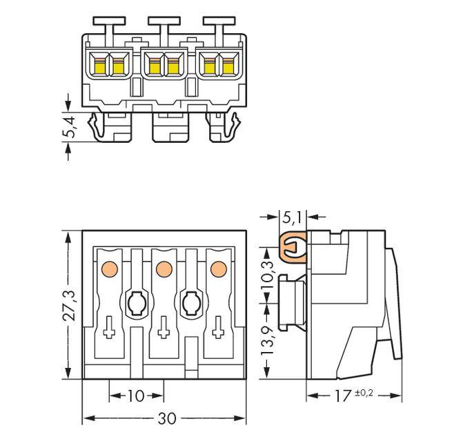 Technische Zeichnung eines elektronischen Steckverbinders mit Abmessungen: Breite 30 mm, Höhe 27,3 mm, Tiefe 17 mm. Zeigt Draufsicht und Seitenansicht.