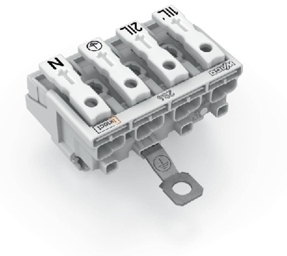 Elektrischer Steckverbinder mit vier Eingängen, beschriftet mit 'N', 'PE', 'L1' und 'L2'. Geeignet für Montage in elektrischen Systemen.