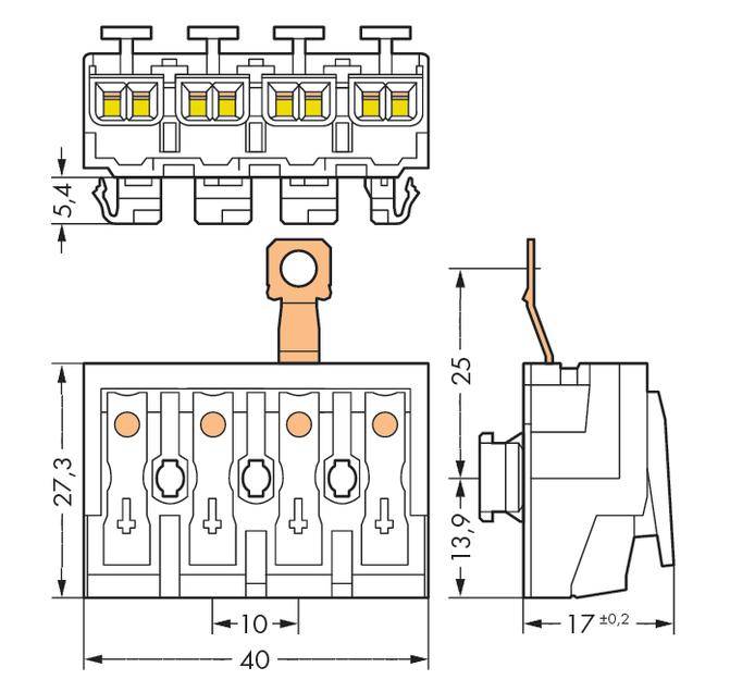 Teknische Zeichnung eines elektrischen Schalters mit Maßangaben: Breite 40 mm, Höhe 27,3 mm, Tiefe 17 mm. Seitenansicht zeigt Hebel.
