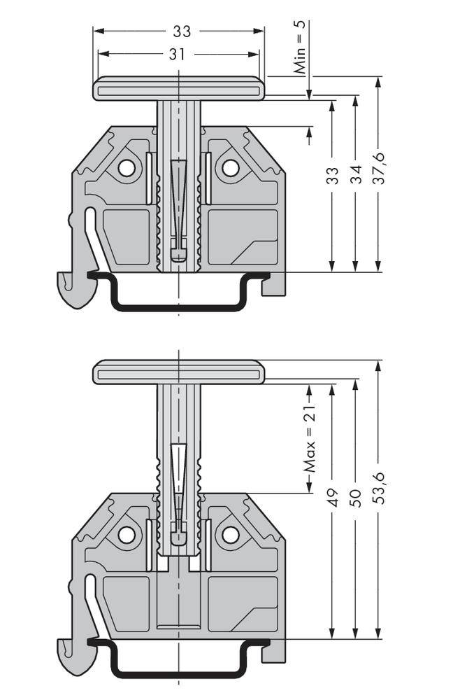 Technische Zeichnung von zwei Querschnitten eines Mechanismus mit Abmessungen. Oben: Min. 5, unten: Max. 21.
