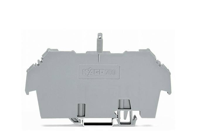 Grauer elektrischer Klemmenblock mit dem Logo und der Aufschrift 'KLEMS' sichtbar. Geeignet zur Befestigung von elektrischen Drähten.