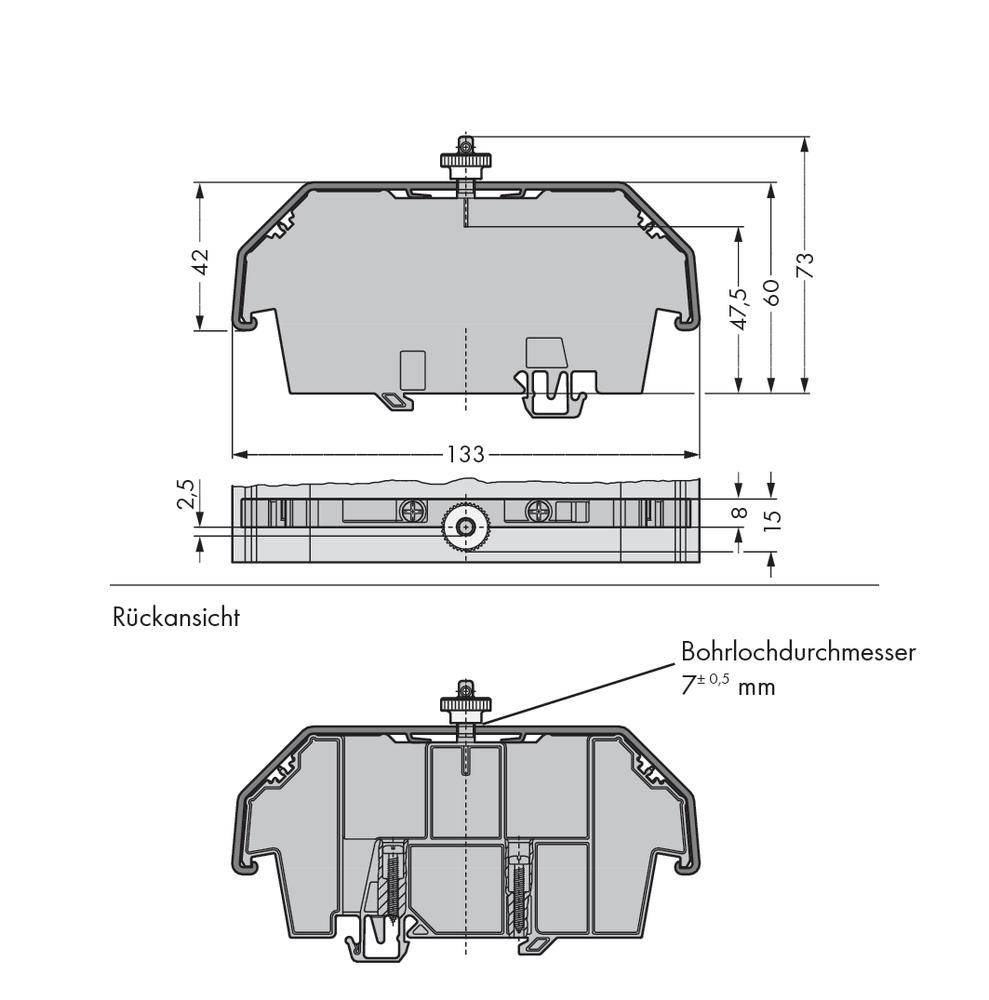 Technische Zeichnung eines Gehäuses mit Maßen: Breite 133 mm, Höhe 47,5 mm; Bohrlochdurchmesser 7±0,5 mm; Rück- und Seitenansicht.