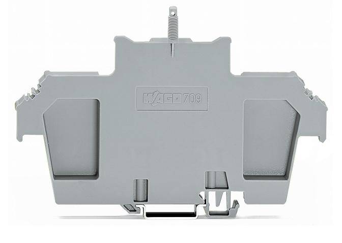 Grauer Klemmenadapter vor weißem Hintergrund, mit zentral platziertem Schraubverschluss oben und Clip-Mechanismen unten.