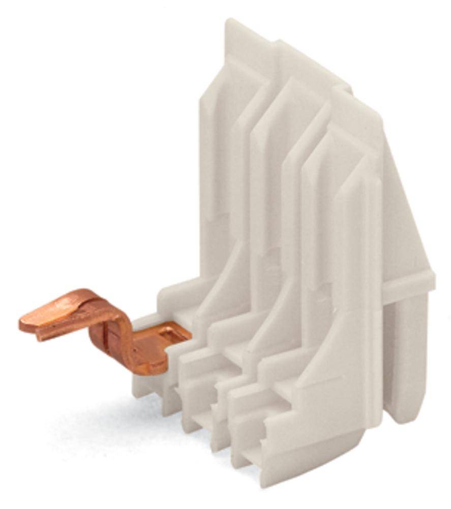 Weiße Kunststoffklemme mit kupfernem Anschluss. Verbindet elektrische Leitungen in einem Schaltsystem.