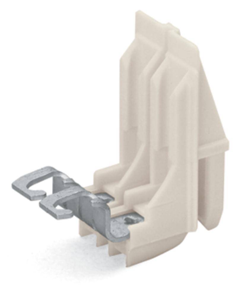 Ein weißer Kunststoff- und Metall-Steckverbinder, aufrecht stehend, mit einer Metallklemme an der Unterseite.