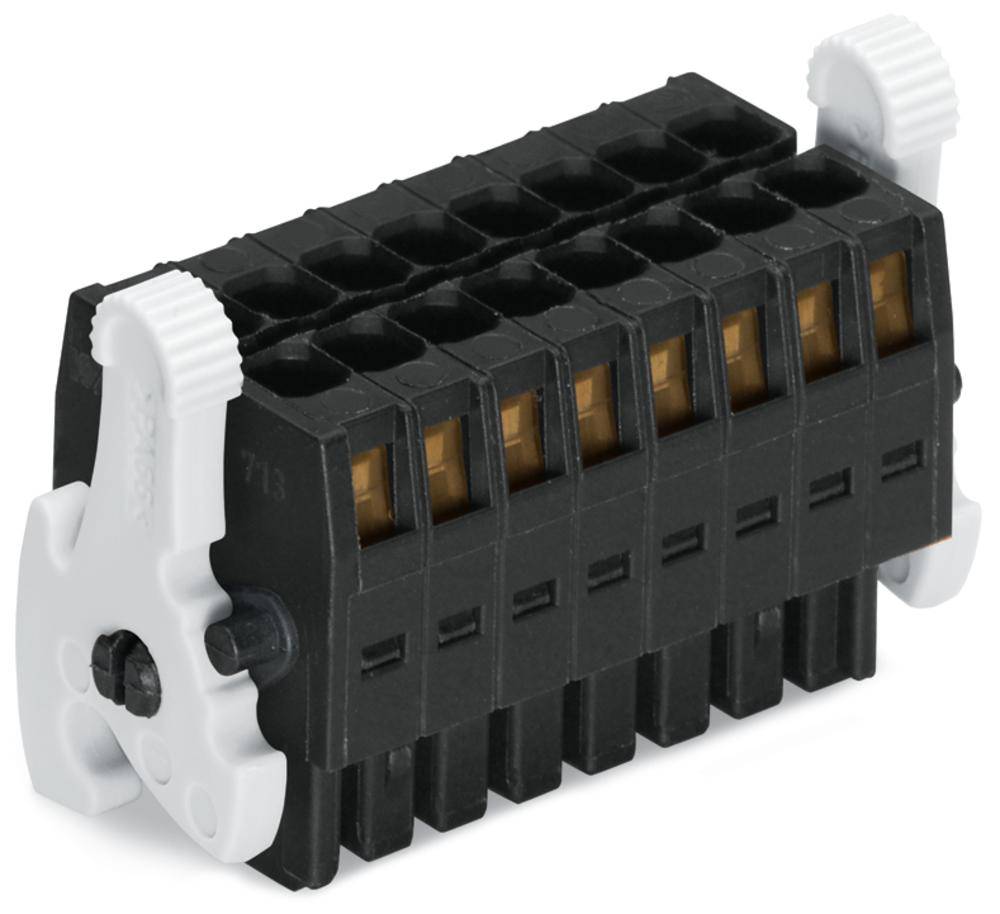 Schwarze elektrische Klemmleiste mit acht Anschlussklemmen und weißen Befestigungselementen, zur Verbindung von Kabeln.