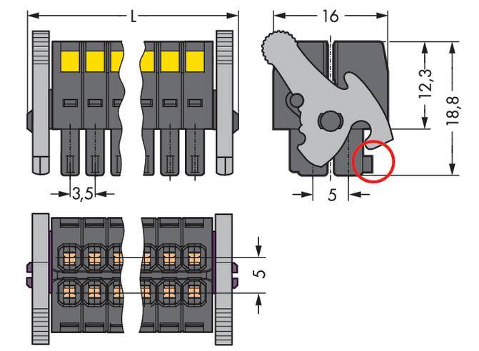 Zeichnung eines Steckverbinders mit Abmessungen: 16 mm Breite, 18,8 mm Höhe. Zeigt verschiedene Ansichten und Komponenten des Steckverbinders.