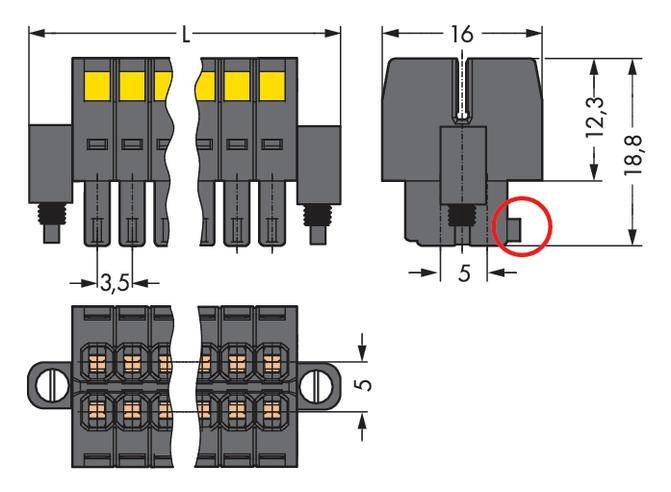 Technische Zeichnung eines Steckverbinders mit Maßen: Länge 16 mm, Breite 5 mm, Höhe 12,3 mm. Seiten- und Draufsicht.