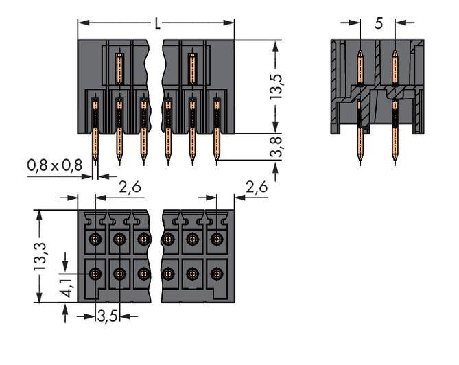 Technische Zeichnung eines Steckverbinders mit Abmessungen: L, 3,8 mm Höhe, 1 mm Breite der Pins. Seitenansicht zeigt 5 mm Breite.