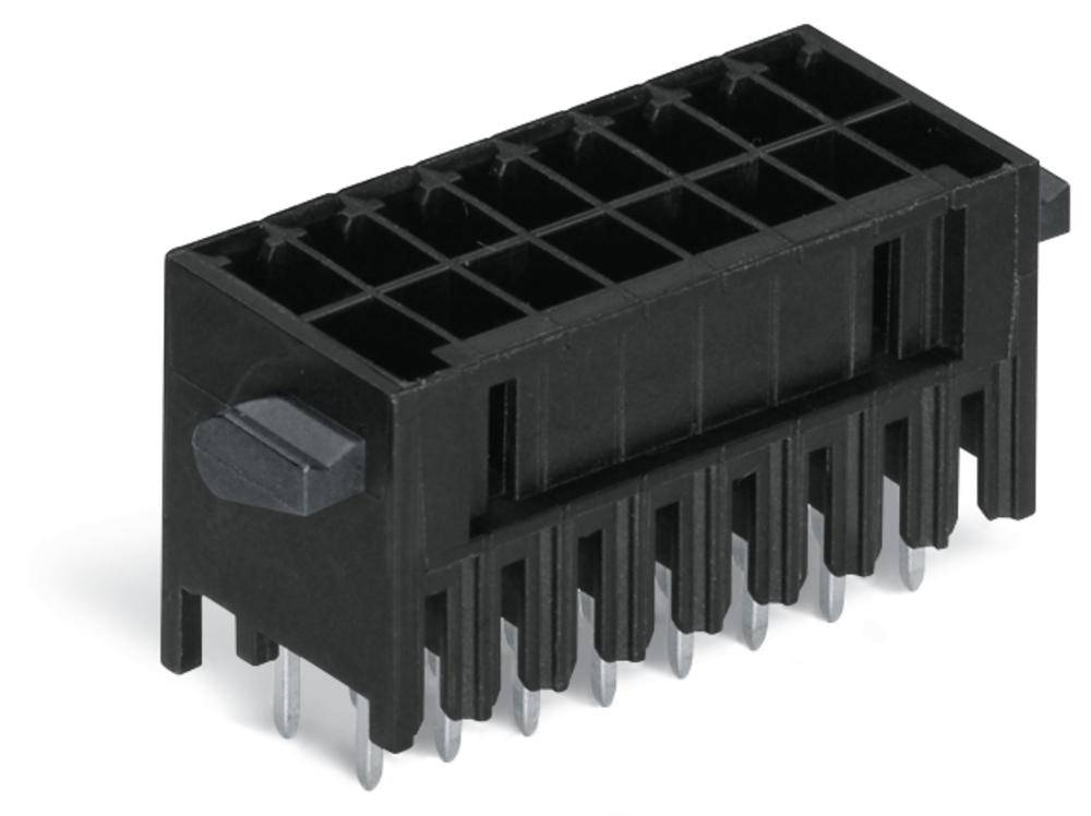 Ein schwarzer, rechteckiger elektrischer Steckverbinder mit mehreren Metallstiften für die Verbindung elektronischer Geräte.