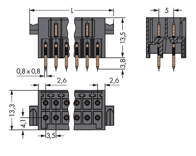 Steckverbinderdiagramm mit Maßangaben in Millimetern: Breite 2,6 mm, Höhe 13,3 mm, Tiefenmaße 3,8 mm und 3,5 mm.