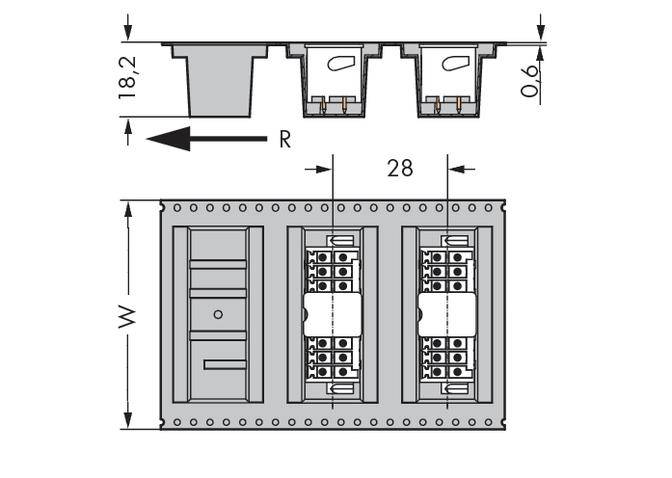 Technische Zeichnung eines elektrischen Steckverbinders mit Abmessungen. Enthält Längenangaben: Höhe 18,2 und Breite 28 mm.