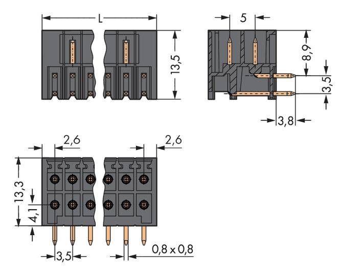 Konstruktionszeichnung eines Steckverbinders mit Abmessungen: 13,5 mm Höhe, 3,8 mm Breite, Pin-Abstand 5 mm, Länge 13,3 mm.