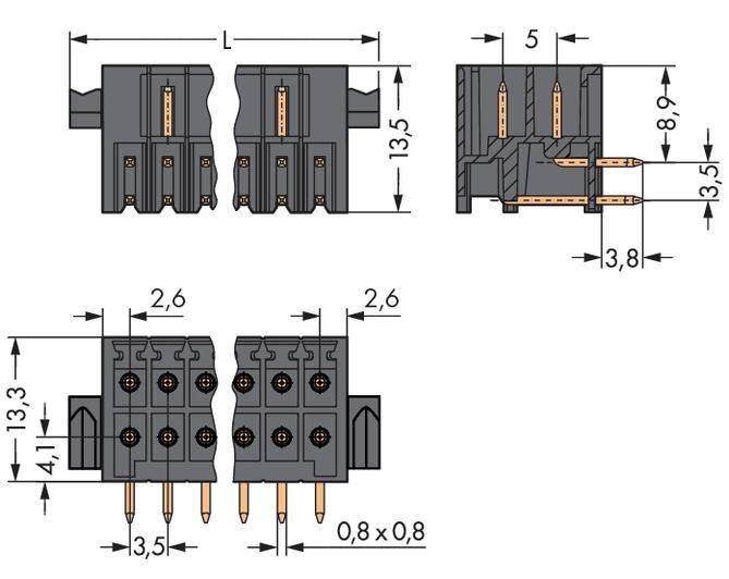 Steckerdiagramm mit Maßen: Längenangaben von 4,1, 8,9, 2,6 und 13,5 mm. Details der Steckverbindung und Stiftanordnung dargestellt.