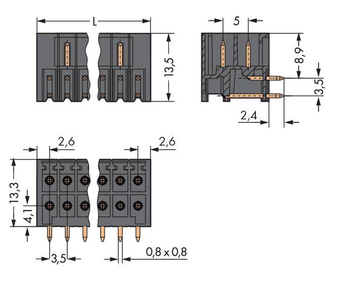 Abbildung zeigt technischen Diagramm eines Steckverbinders mit Maßangaben in Millimetern. Zeigt Vorder- und Seitenansicht mit Steckkontakten.