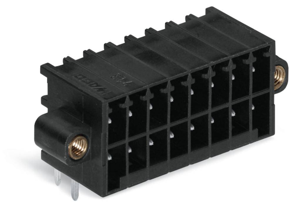 Schwarzer Kunststoffstecker mit mehreren Kontakten, geeignet für elektronische Verbindungen, seitliche Befestigungspunkte sichtbar.