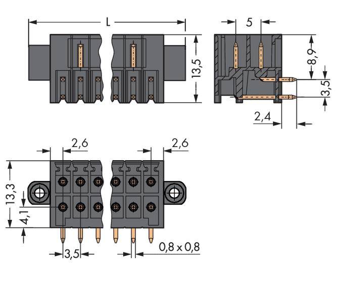 Diagramm eines elektrischen Steckverbinders mit Abmessungen: Länge, Breite und Höhe sind angegeben. Verschiedene Ansichten zeigen Kontakte und Befestigungspunkte.