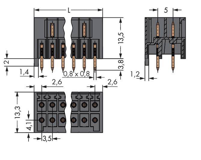 Diagramm eines Steckverbinders mit Abmessungen. Darstellung der Stiftanordnung und Maße: Breite 2,6 mm, Höhe 13,5 mm.