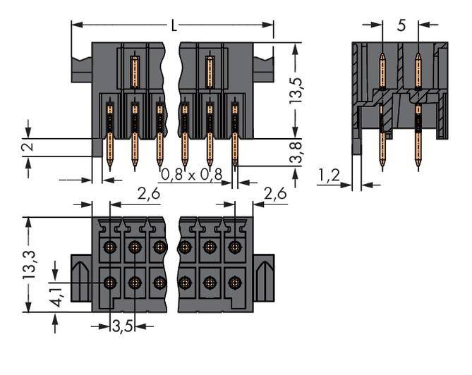 Technische Zeichnung eines Steckverbinders mit Abmessungen: Breite 3,8 mm, Höhe 13,5 mm, Stiftabstand 0,8 mm, 5 Stifte.