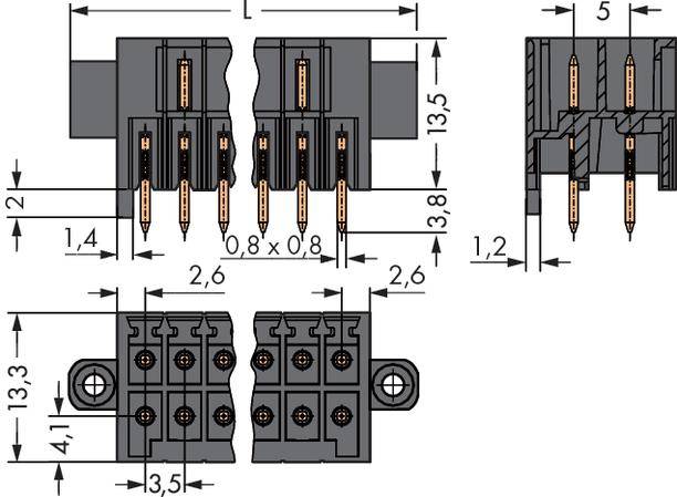 Steckverbinderdiagramm mit Maßangaben: Breite 2,6 mm, Höhe 13,5 mm, Tiefe 5 mm. Details zu Pin-Abständen und Gehäusegröße dargestellt.