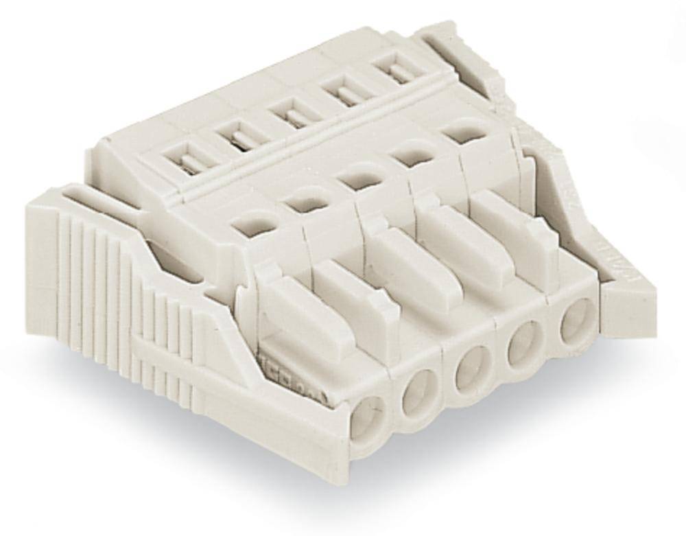 Ein weißer Steckverbinder mit fünf Pins und mehreren Befestigungselementen. Dient zum Verbinden elektrischer Kabel.