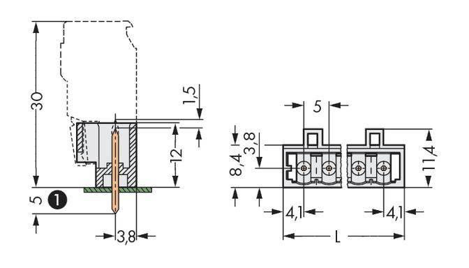 Technische Zeichnung einer elektrischen Steckverbindung mit Maßen: Höhe 30 mm, Breite 12 mm, drei Pins, Abstand zwischen Pins 5 mm.