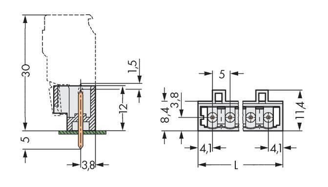 Technische Zeichnung eines zweireihigen Steckverbinders mit Maßangaben: Höhe 30 mm, Breite 12 mm, Länge variabel. Draufsicht und Seitenansicht dargestellt.