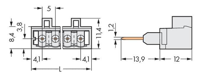 Technische Zeichnung eines Steckverbinders mit Maßen: Höhe 8,4 mm, Breite 11,4 mm, Länge 13,9 mm. Detaillierte Ansicht von oben und seitlich.