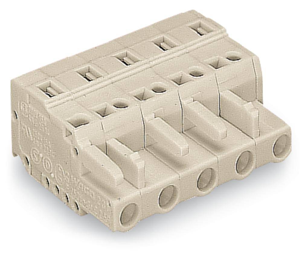 Ein beiger, fünffacher Leiterplattensteckverbinder mit Schraubanschlüssen, geeignet für elektronische Anwendungen und Stromverbindungen.