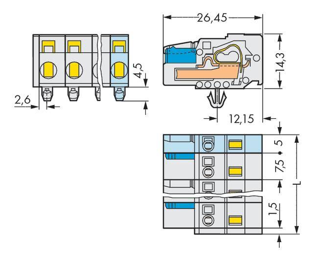 Technische Zeichnung eines elektrischen Steckverbinders mit detaillierten Abmessungen: 26,45 mm breit, 14,3 mm hoch, 12,15 mm tief.