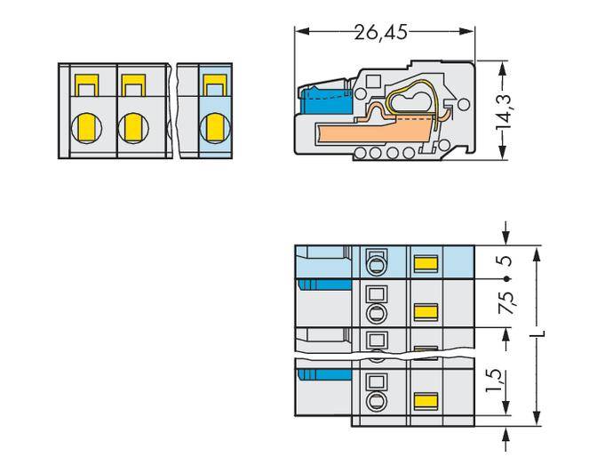 Technische Zeichnung eines elektrischen Steckverbinders mit Abmessungen: Länge 26,45 mm, Höhe 14,3 mm, Breite 15 mm.