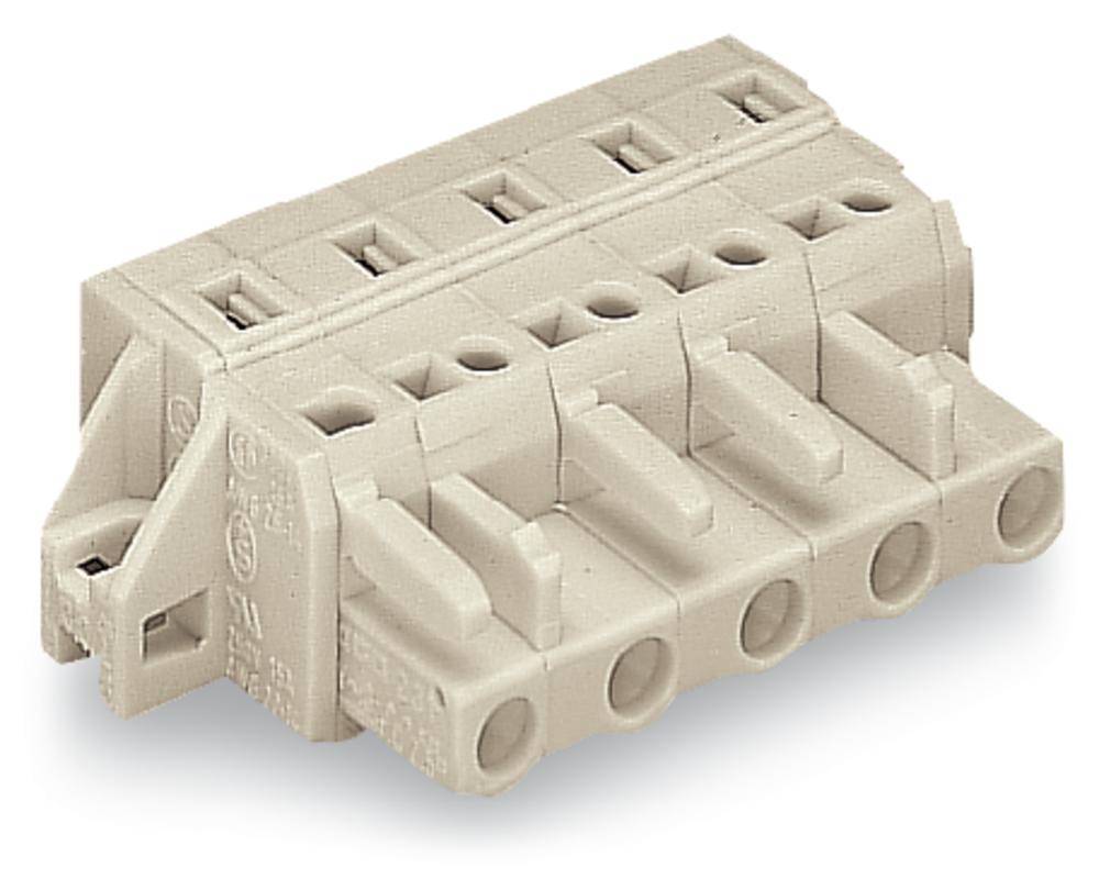 Ein grauer elektrischer Klemmenblock mit mehreren Anschlüssen, verwendet zur Verbindung von Kabeln in elektronischen Schaltungen.