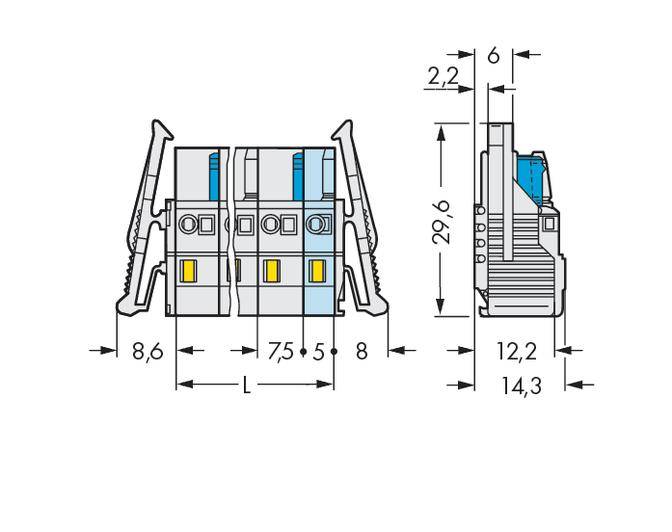 Technische Zeichnung eines Steckverbinders mit Maßen: Breite 8,6 mm, Höhe 29 mm, Tiefe 12,2 mm. Zeigt Seiten- und Frontalansicht.
