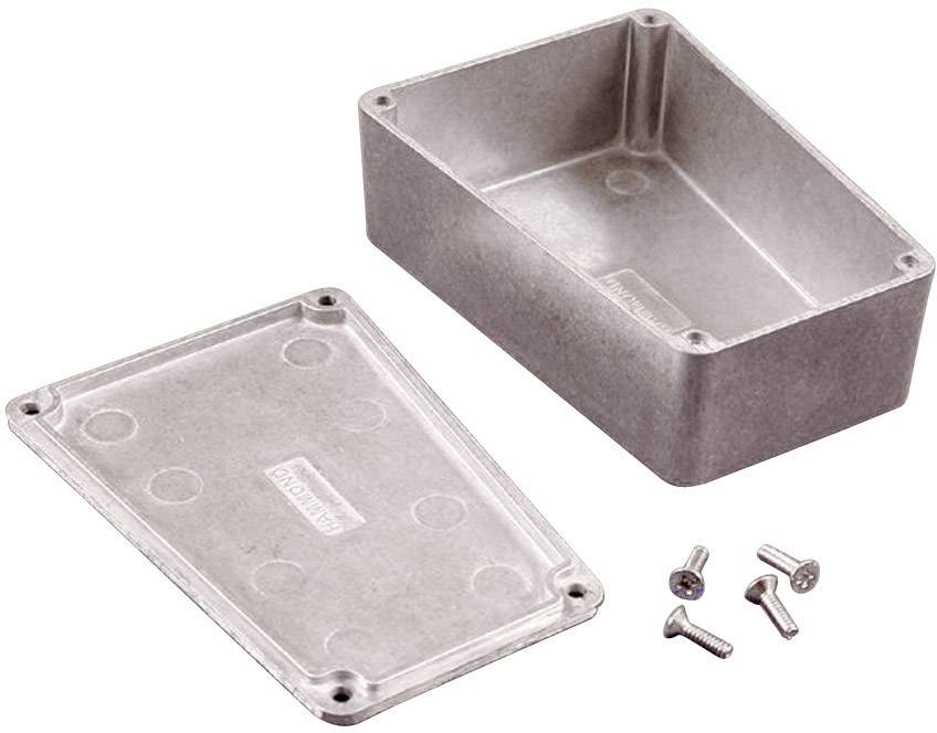 Rechteckiges Metallgehäuse und abnehmbarer Deckel mit vier Schrauben, zur Montage elektronischer Bauteile.