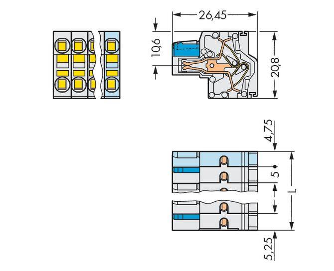 Technische Zeichnung eines Steckverbinders mit detaillierten Abmessungen: 26,45 mm breit, 20,8 mm hoch, 10,6 mm tief.