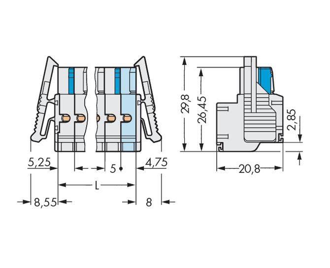 Abbildung eines elektrischen Steckverbinders mit technischen Maßen. Seitliche und frontale Ansicht zeigen Höhe, Breite und Längenangaben.