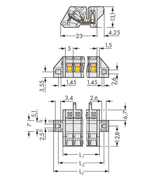 Technische Zeichnung eines elektrischen Steckverbinders. Zeigt verschiedene Ansichten mit Bemaßungen in Millimetern.