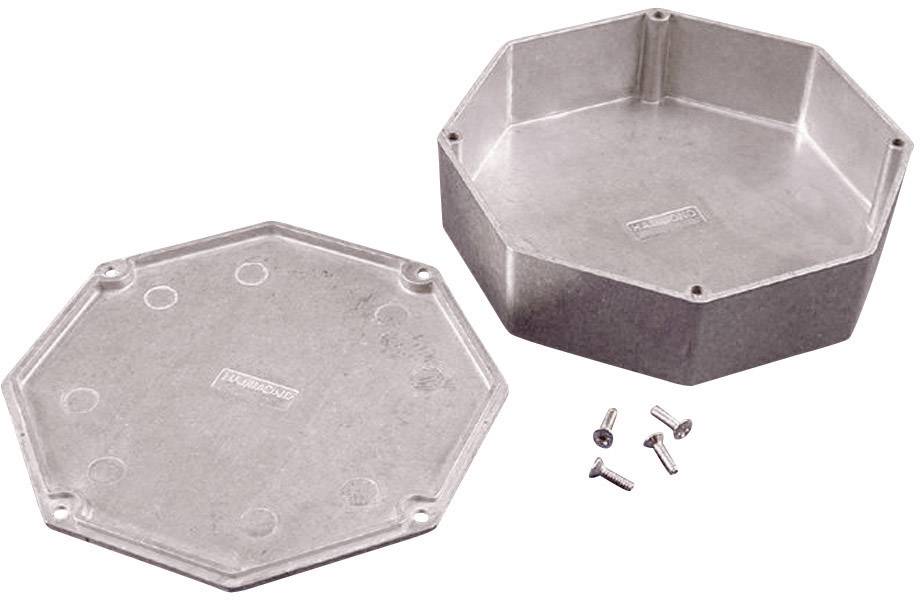 Metallene achteckige Anschlussdose mit Deckel und vier Schrauben, auf einer Fläche dargestellt.