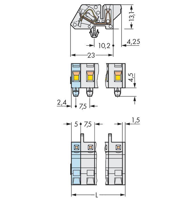 Technische Zeichnung eines elektrischen Bauteils mit Abmessungen in mm: 23 x 4,25 x 10,2. Zeigt Vorder- und Seitenansicht des Bauteils.