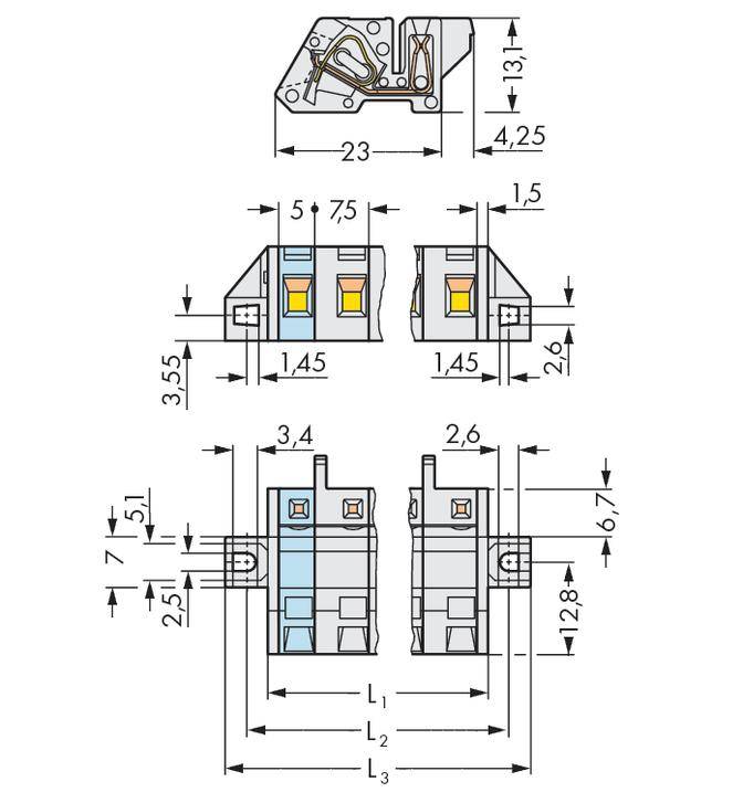 Technische Zeichnung eines elektrischen Schalters mit Abmessungen und Anschlüssen in Millimetern. Verschiedene Ansichten und Messdaten angegeben.