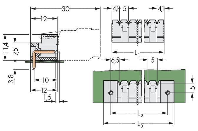 Technische Zeichnung mit Maßen und Struktur eines Steckverbinders. Zeigt Detailansichten und Abmessungen von Bauteilen in Millimetern.