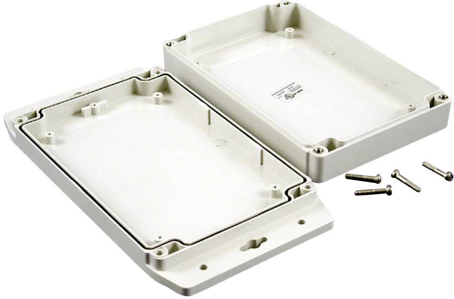 Weiße rechteckige Plastikbox in zwei Teilen mit abnehmbarer Abdeckung und vier Schrauben, geeignet für Elektronik- oder Kabelgehäuse.